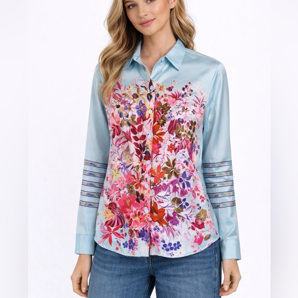 Cyanine Sea Blue Floral Orchids Button
Down Blouse, sz S